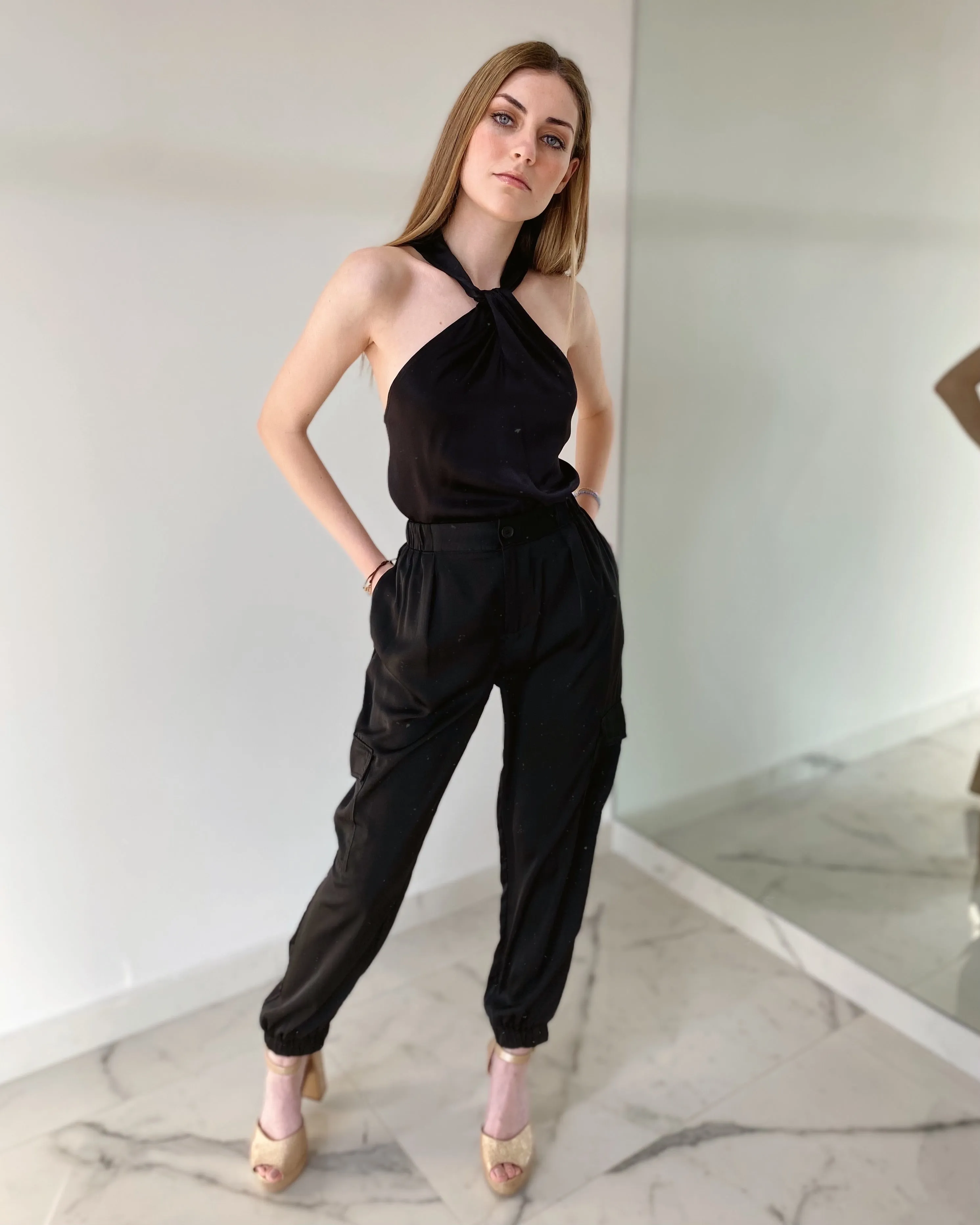 Black Halter Silk Top