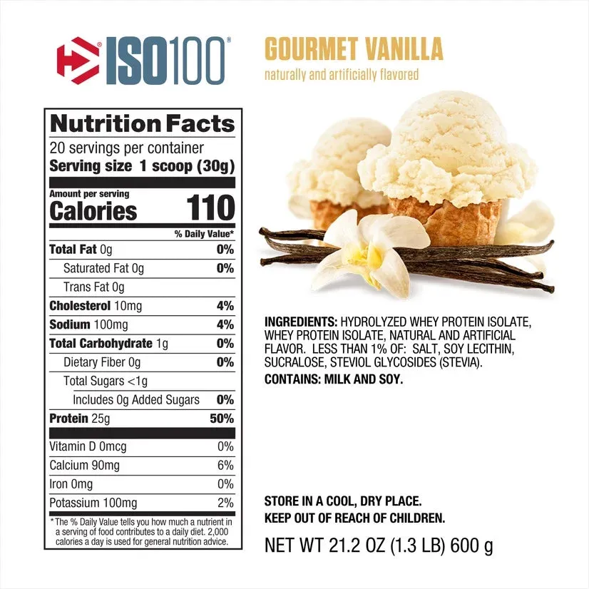 Dymatize ISO100 Hydrolyzed Whey Isolate Protein Powder, Gourmet Vanilla, 20 Servings