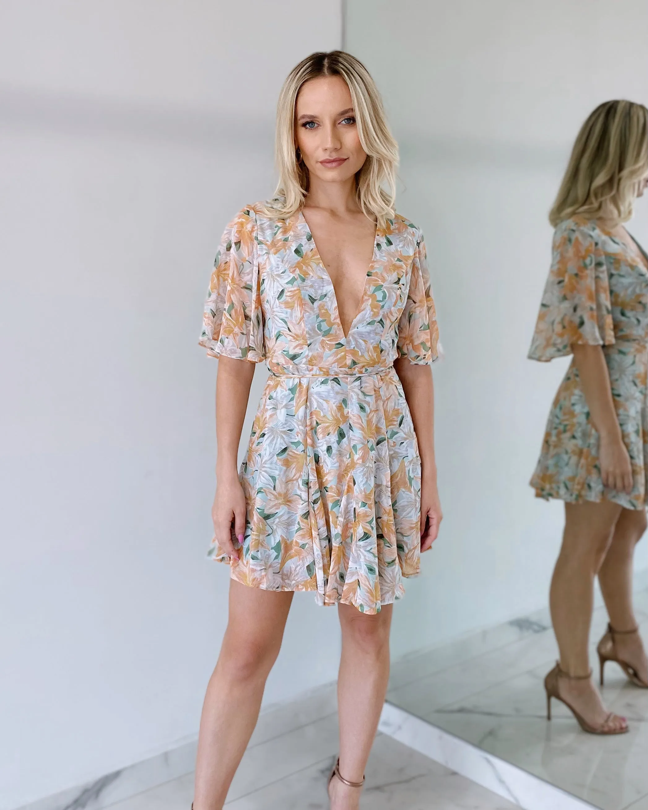 Floral V Neck Mini Dress