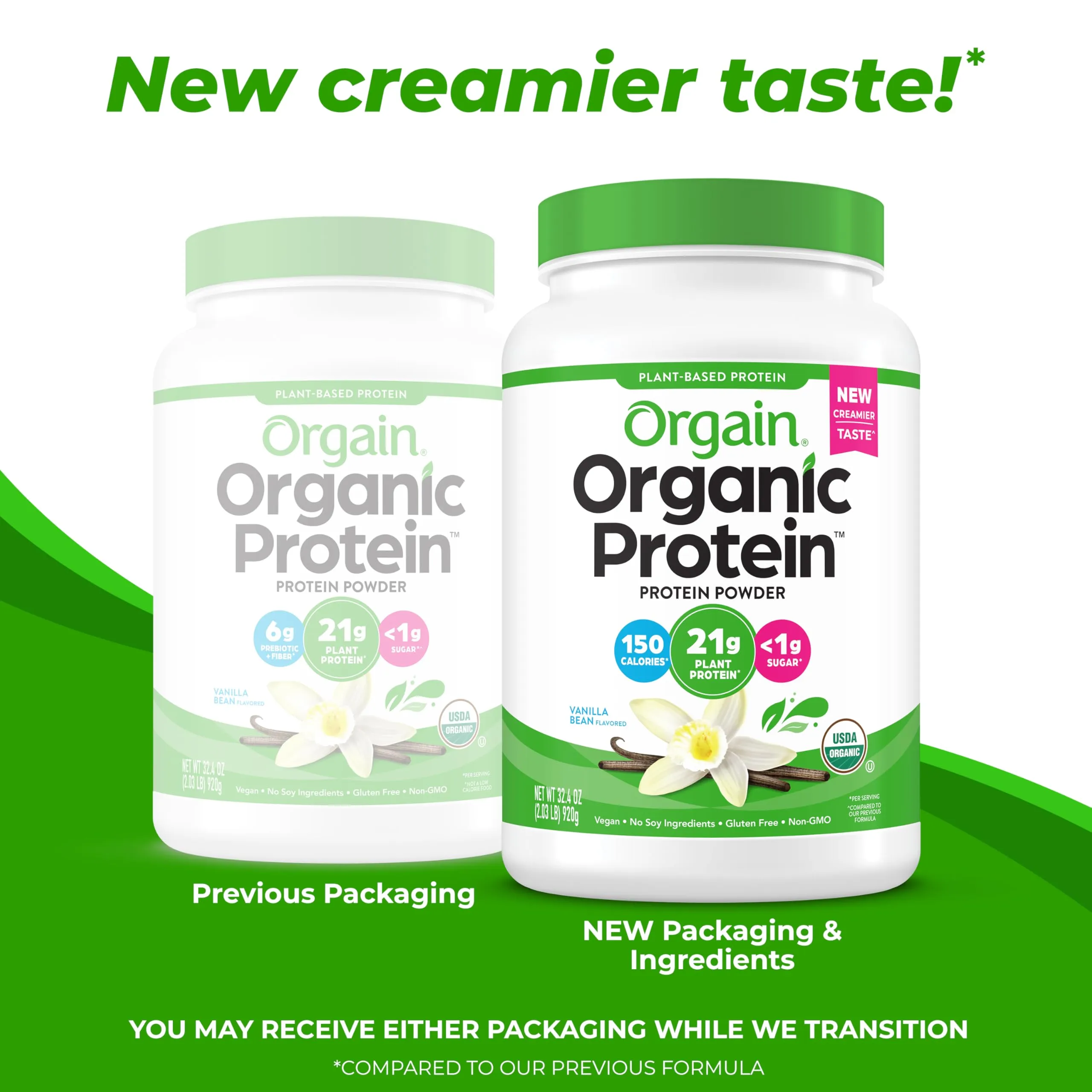 Orgain Organic Vegan Protein Powder, Vanilla Bean - 21g Plant Protein, 6g Prebiotic Fiber, No Lactose Ingredients, No Added Sugar, Non-GMO, For Shakes & Smoothies, 2.03 lb (Packaging May Vary)