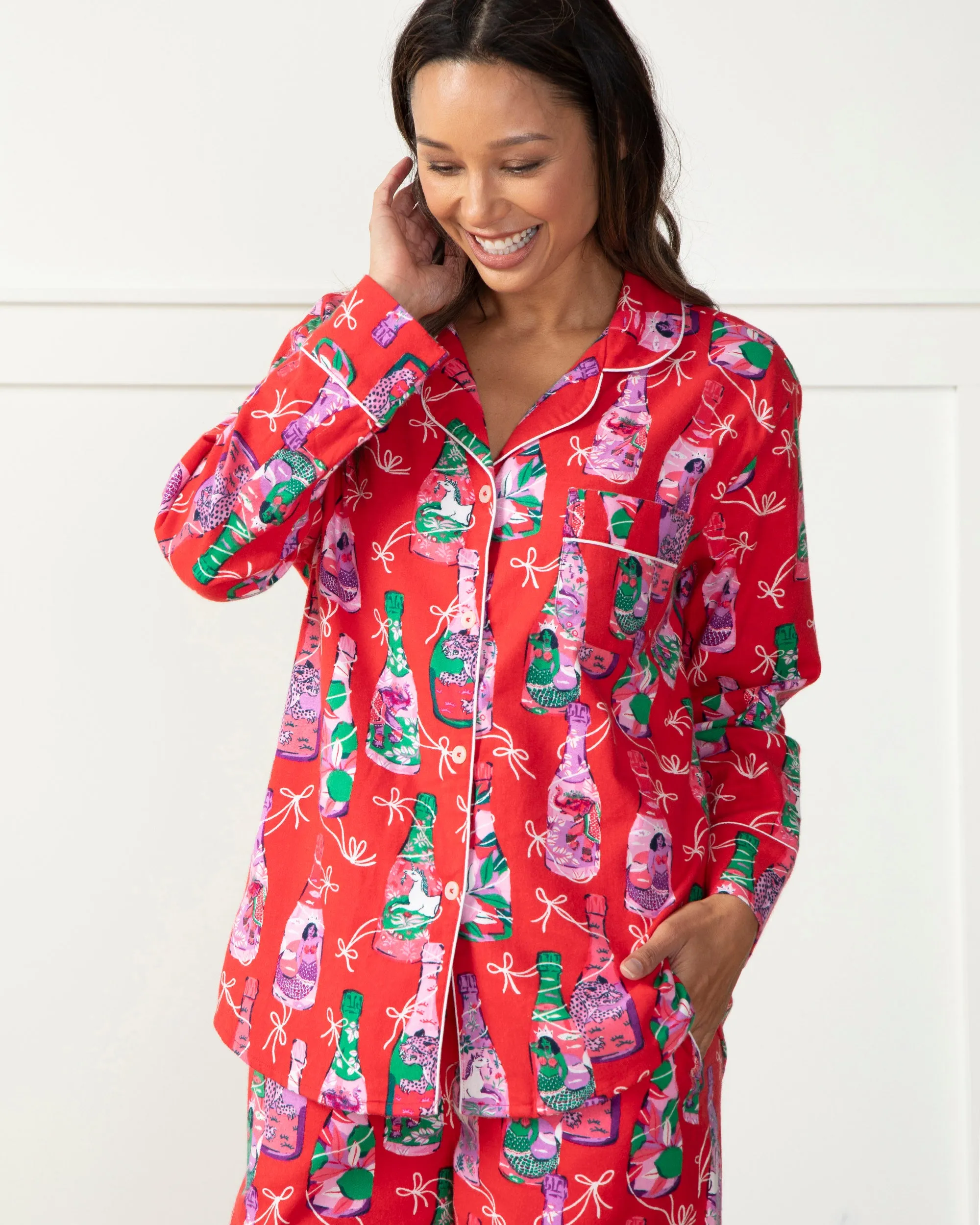 Pop the Bubbly - Brushed Twill Long Sleep Set - Red Stocking