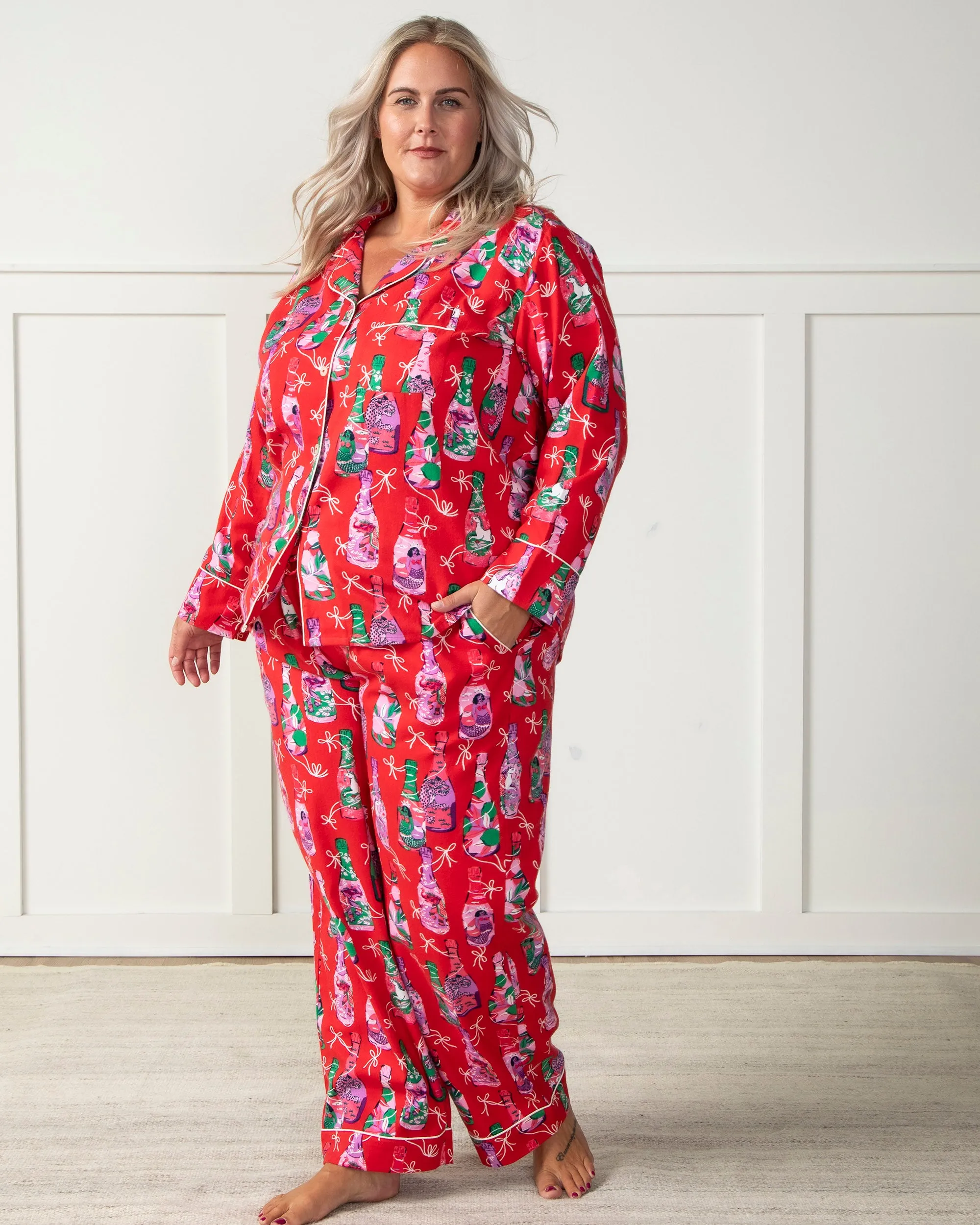 Pop the Bubbly - Brushed Twill Long Sleep Set - Red Stocking