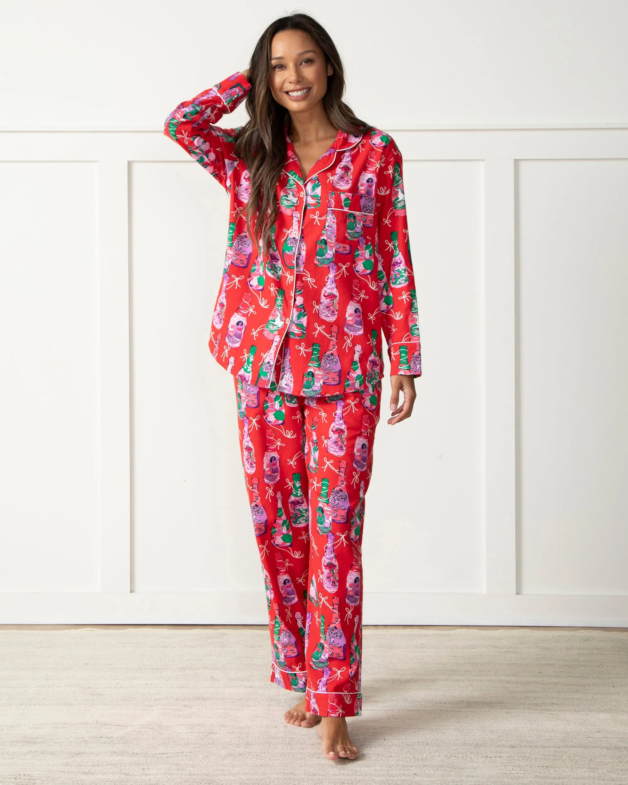 Pop the Bubbly - Brushed Twill Long Sleep Set - Red Stocking